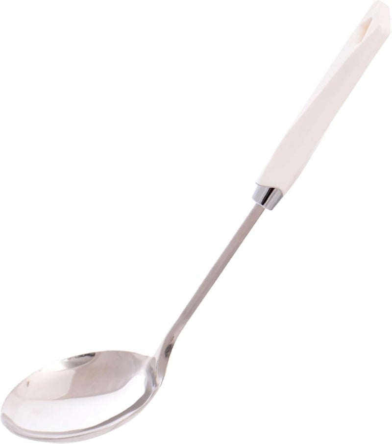 ملعقة تقديم من الفولاذ المقاوم للصدأ بمقبض أبيض، مغرفة مطبخ طويلة